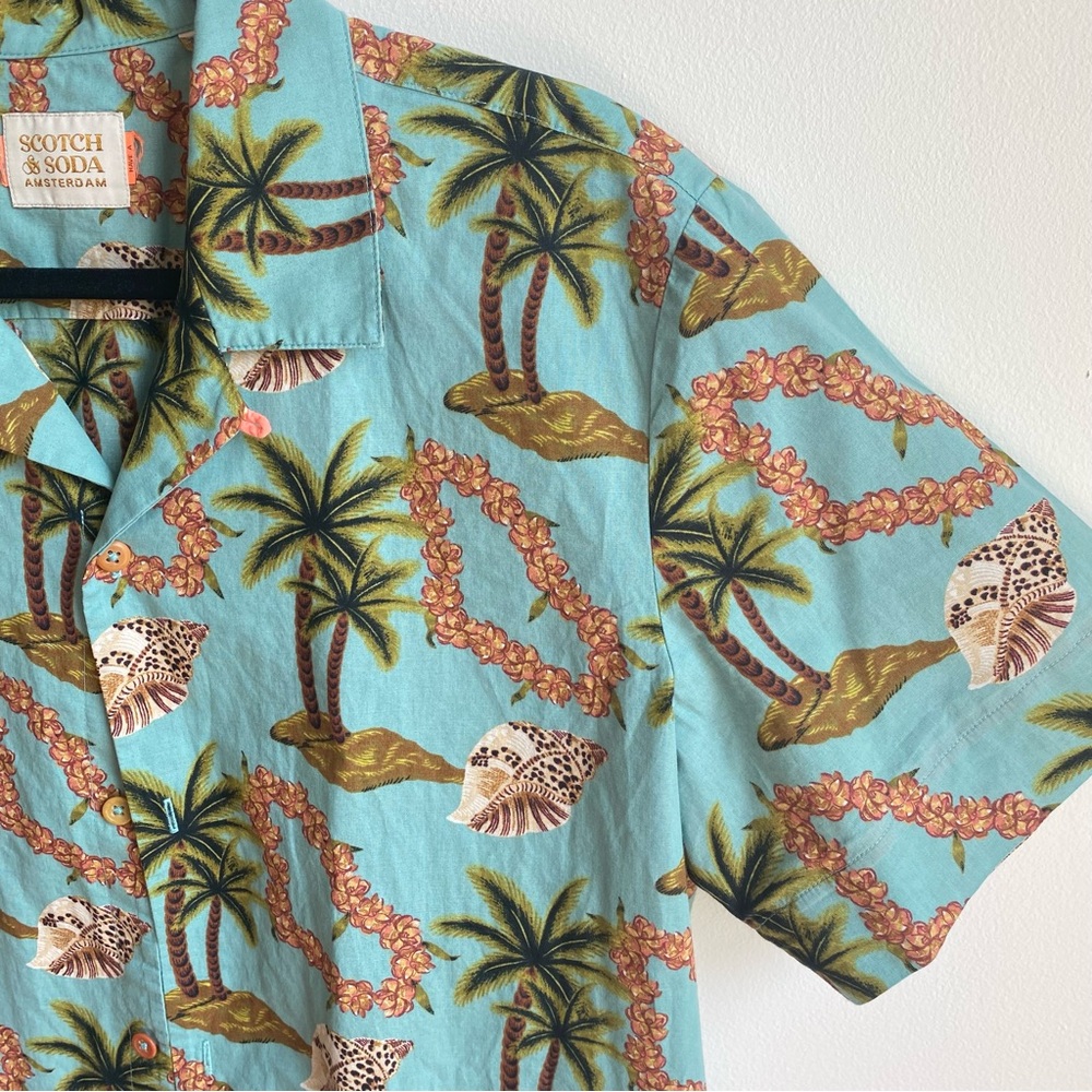 Scotch & Soda Short Sleeve Button Down Hawaiian Shirt Palm Tree Hibiscus Shells